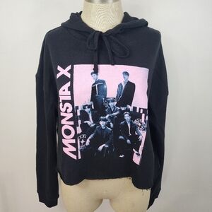 Monsta X K Pop Cropped Graphic Hoodie Black Pink Size Medium